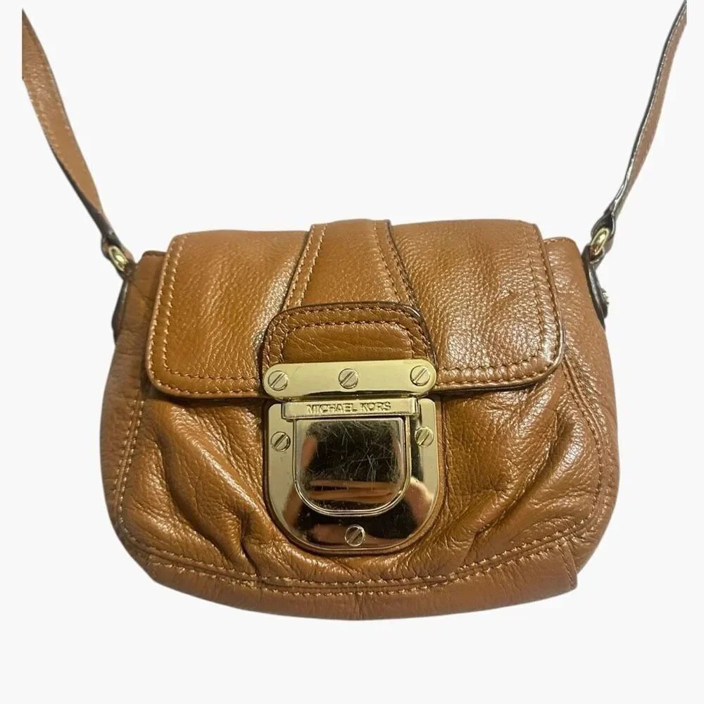 MICHAEL KORS Charlton Brown Leather Gold Push Lock Crossbody Shoulder Bag Purse